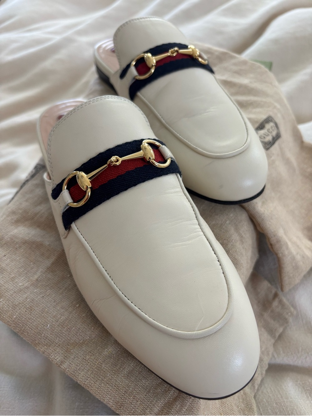 Gucci White Leather Mule Loafers with Red & Navy Web and Gold Horsebit - Picture 2 of 12